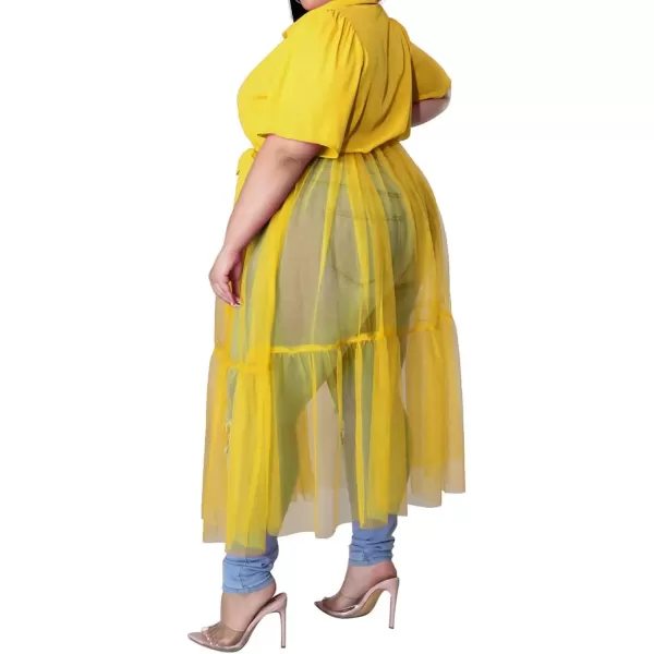 Plus Size Tulle Shirt Dresses for Women  Short Sleeve Button Down Tops Mesh Patchwork Ruched Belted Maxi DressYellow