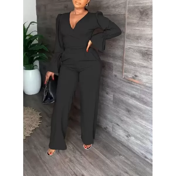 Two Piece Outfits for Women Long Bell Sleeve Elegant V Neck Wrap Tie Waist Tops Wide Pants Set with Pockets S2XLA1 Black