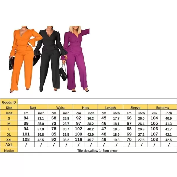 Two Piece Outfits for Women Long Bell Sleeve Elegant V Neck Wrap Tie Waist Tops Wide Pants Set with Pockets S2XLA1 Black