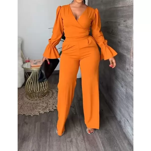 Two Piece Outfits for Women Long Bell Sleeve Elegant V Neck Wrap Tie Waist Tops Wide Pants Set with Pockets S2XLA1 Orange