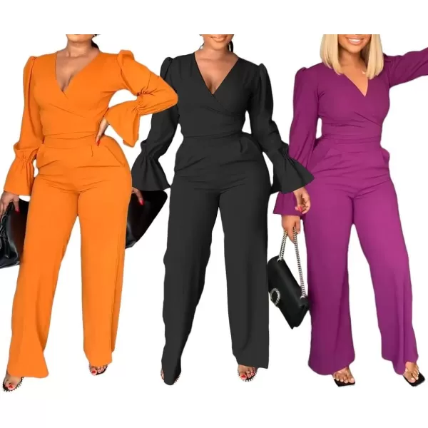 Two Piece Outfits for Women Long Bell Sleeve Elegant V Neck Wrap Tie Waist Tops Wide Pants Set with Pockets S2XLA1 Orange