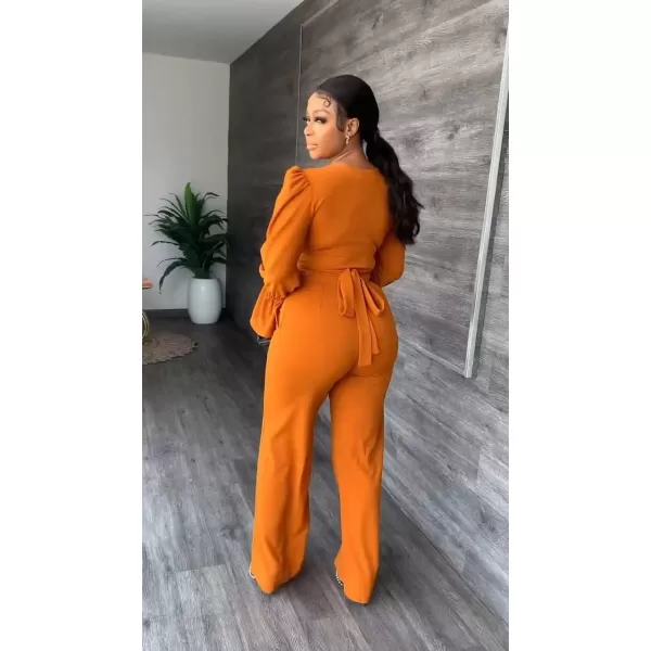 Two Piece Outfits for Women Long Bell Sleeve Elegant V Neck Wrap Tie Waist Tops Wide Pants Set with Pockets S2XLA1 Orange