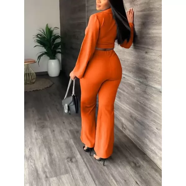Two Piece Outfits for Women Long Bell Sleeve Elegant V Neck Wrap Tie Waist Tops Wide Pants Set with Pockets S2XLA2 Orange