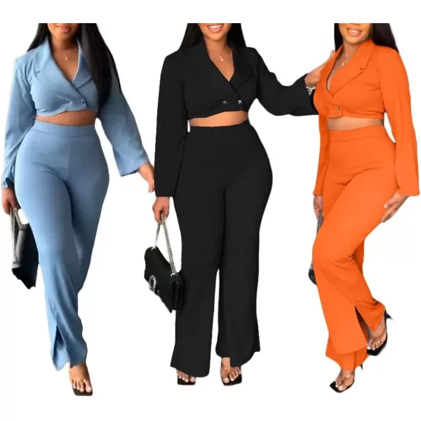 Two Piece Outfits for Women Long Bell Sleeve Elegant V Neck Wrap Tie Waist Tops Wide Pants Set with Pockets S2XLA2 Orange