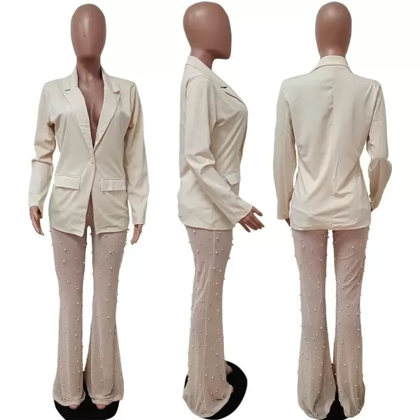 Two Piece Outfits for Women Long Sleeve Lapel Blazer Sheer Mesh Beaded Bodycon Long Pants Set S2XLA1 Beige