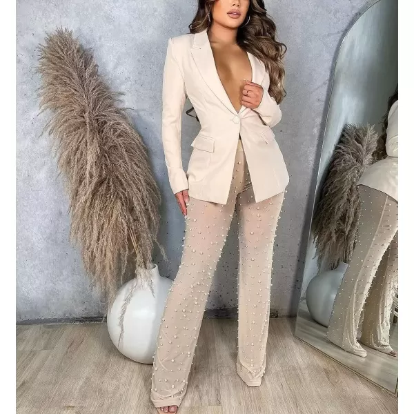Two Piece Outfits for Women Long Sleeve Lapel Blazer Sheer Mesh Beaded Bodycon Long Pants Set S2XLA1 Beige