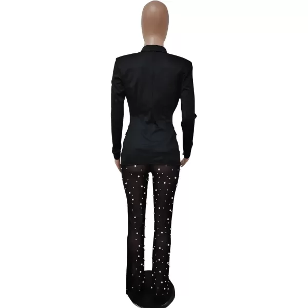 Two Piece Outfits for Women Long Sleeve Lapel Blazer Sheer Mesh Beaded Bodycon Long Pants Set S2XLA1 Black