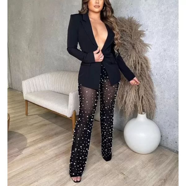 Two Piece Outfits for Women Long Sleeve Lapel Blazer Sheer Mesh Beaded Bodycon Long Pants Set S2XLA1 Black