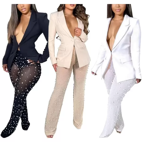 Two Piece Outfits for Women Long Sleeve Lapel Blazer Sheer Mesh Beaded Bodycon Long Pants Set S2XLA1 Black