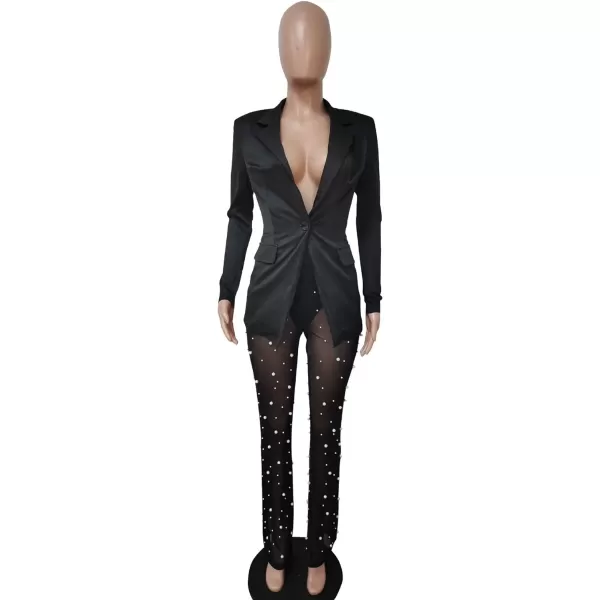 Two Piece Outfits for Women Long Sleeve Lapel Blazer Sheer Mesh Beaded Bodycon Long Pants Set S2XLA1 Black
