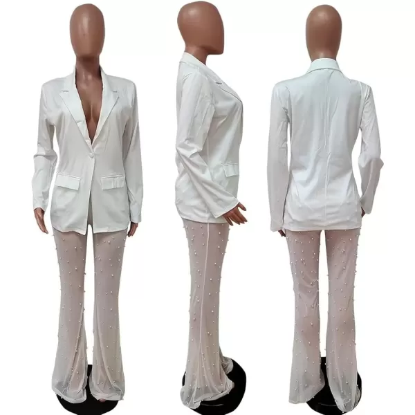 Two Piece Outfits for Women Long Sleeve Lapel Blazer Sheer Mesh Beaded Bodycon Long Pants Set S2XLA1 White
