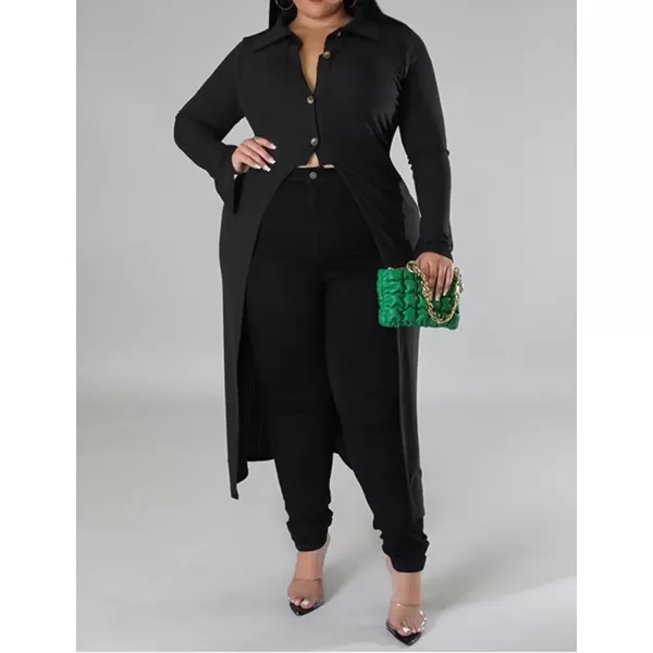 Women Plus Size High Low Tops Slit Sleeve Lapel Button Down Shirt Knit Ribbed Wrap Bodycon Tops Long CardigansBlack