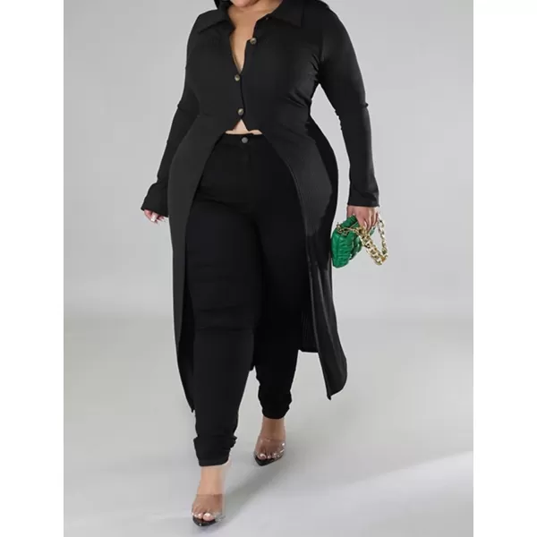 Women Plus Size High Low Tops Slit Sleeve Lapel Button Down Shirt Knit Ribbed Wrap Bodycon Tops Long CardigansBlack