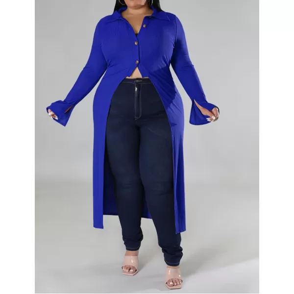 Women Plus Size High Low Tops Slit Sleeve Lapel Button Down Shirt Knit Ribbed Wrap Bodycon Tops Long CardigansBlue