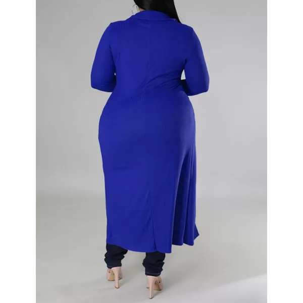 Women Plus Size High Low Tops Slit Sleeve Lapel Button Down Shirt Knit Ribbed Wrap Bodycon Tops Long CardigansBlue