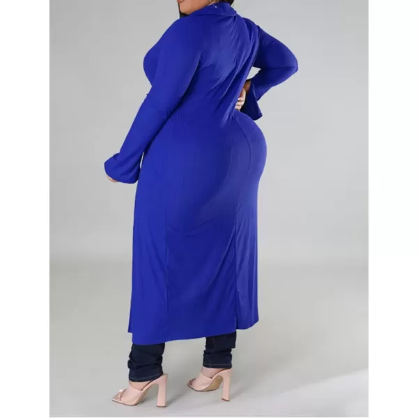Women Plus Size High Low Tops Slit Sleeve Lapel Button Down Shirt Knit Ribbed Wrap Bodycon Tops Long CardigansBlue