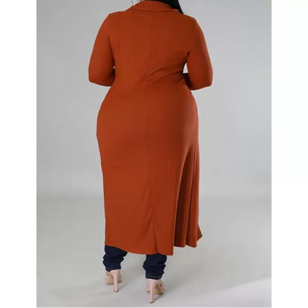Women Plus Size High Low Tops Slit Sleeve Lapel Button Down Shirt Knit Ribbed Wrap Bodycon Tops Long CardigansDark Orange