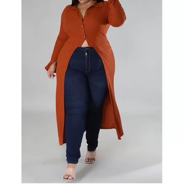 Women Plus Size High Low Tops Slit Sleeve Lapel Button Down Shirt Knit Ribbed Wrap Bodycon Tops Long CardigansDark Orange