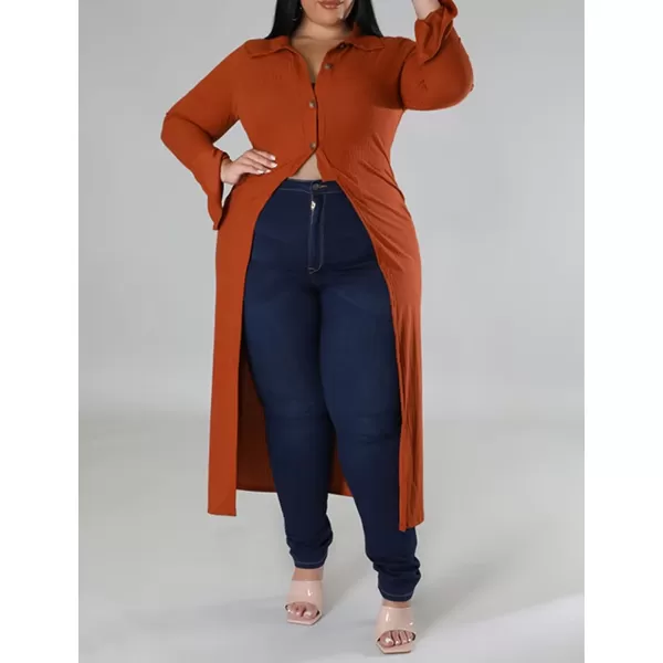 Women Plus Size High Low Tops Slit Sleeve Lapel Button Down Shirt Knit Ribbed Wrap Bodycon Tops Long CardigansDark Orange