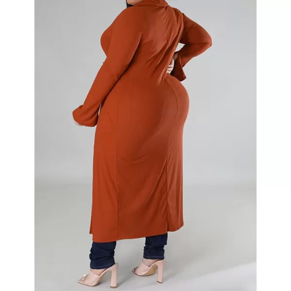 Women Plus Size High Low Tops Slit Sleeve Lapel Button Down Shirt Knit Ribbed Wrap Bodycon Tops Long CardigansDark Orange