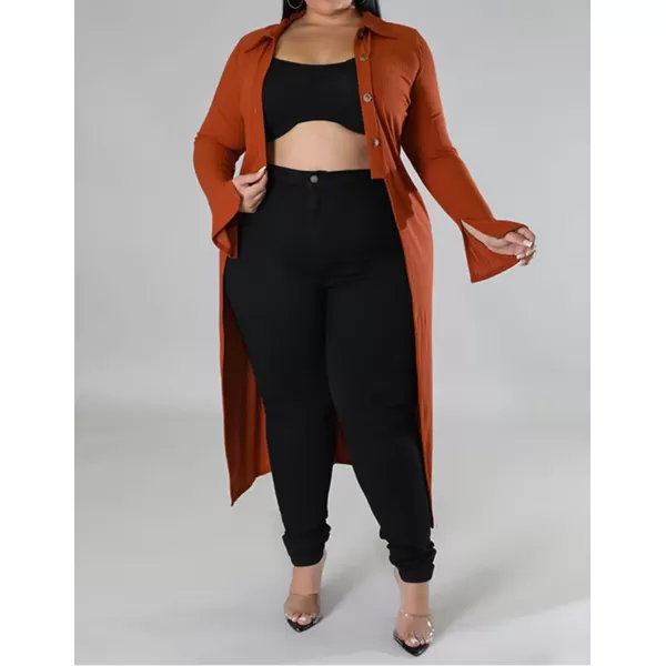 Women Plus Size High Low Tops Slit Sleeve Lapel Button Down Shirt Knit Ribbed Wrap Bodycon Tops Long CardigansDark Orange