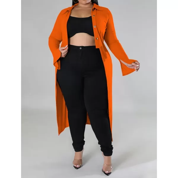 Women Plus Size High Low Tops Slit Sleeve Lapel Button Down Shirt Knit Ribbed Wrap Bodycon Tops Long CardigansOrange