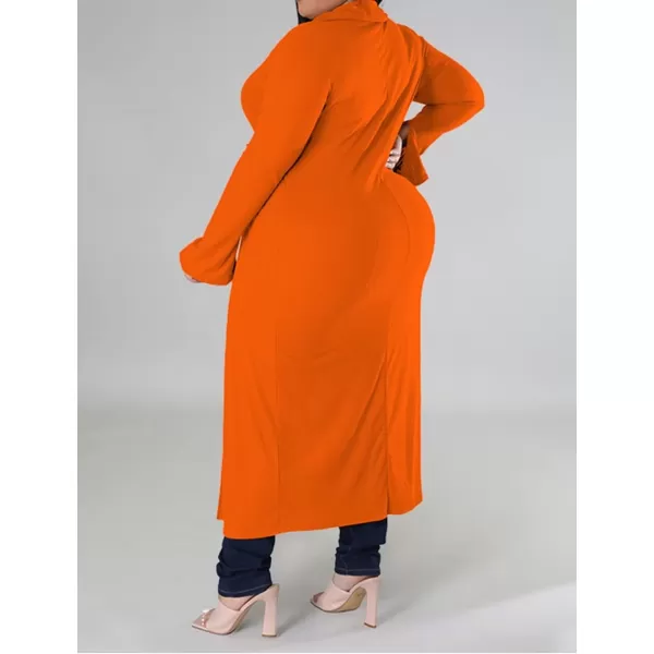 Women Plus Size High Low Tops Slit Sleeve Lapel Button Down Shirt Knit Ribbed Wrap Bodycon Tops Long CardigansOrange