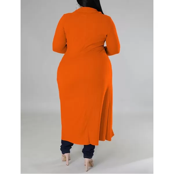 Women Plus Size High Low Tops Slit Sleeve Lapel Button Down Shirt Knit Ribbed Wrap Bodycon Tops Long CardigansOrange