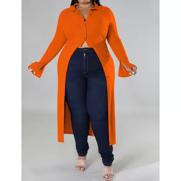 Women Plus Size High Low Tops Slit Sleeve Lapel Button Down Shirt Knit Ribbed Wrap Bodycon Tops Long CardigansOrange