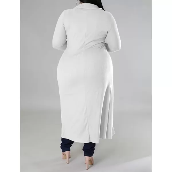 Women Plus Size High Low Tops Slit Sleeve Lapel Button Down Shirt Knit Ribbed Wrap Bodycon Tops Long CardigansWhite