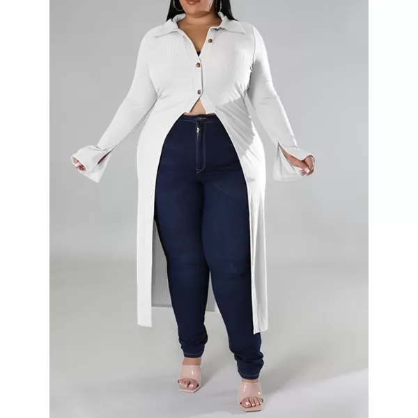 Women Plus Size High Low Tops Slit Sleeve Lapel Button Down Shirt Knit Ribbed Wrap Bodycon Tops Long CardigansWhite