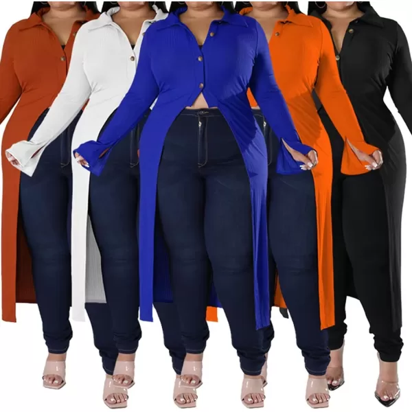 Women Plus Size High Low Tops Slit Sleeve Lapel Button Down Shirt Knit Ribbed Wrap Bodycon Tops Long CardigansWhite