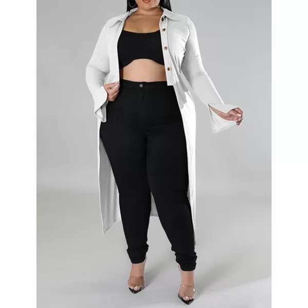 Women Plus Size High Low Tops Slit Sleeve Lapel Button Down Shirt Knit Ribbed Wrap Bodycon Tops Long CardigansWhite