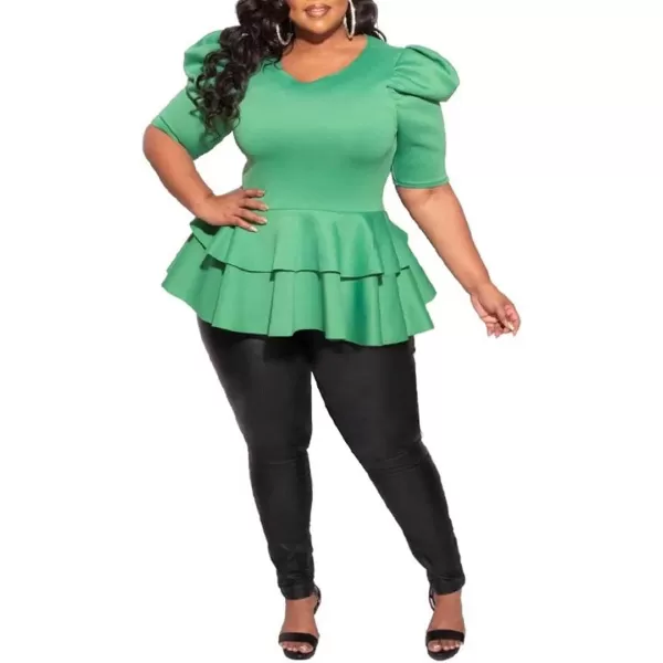 Women Plus Size Puff Sleeve Slant Shoulder High Low Asymmetrical Bodycon Bodice Blouse Shirt Tops071 Green