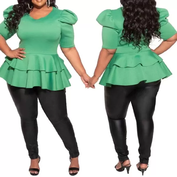 Women Plus Size Puff Sleeve Slant Shoulder High Low Asymmetrical Bodycon Bodice Blouse Shirt Tops071 Green