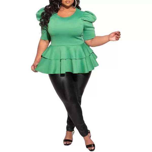 Women Plus Size Puff Sleeve Slant Shoulder High Low Asymmetrical Bodycon Bodice Blouse Shirt Tops071 Green