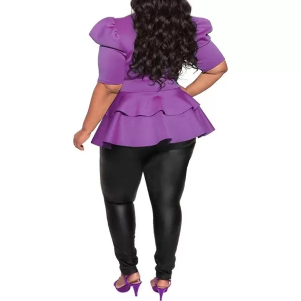 Women Plus Size Puff Sleeve Slant Shoulder High Low Asymmetrical Bodycon Bodice Blouse Shirt Tops071 Purple