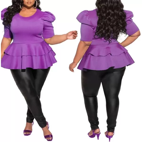 Women Plus Size Puff Sleeve Slant Shoulder High Low Asymmetrical Bodycon Bodice Blouse Shirt Tops071 Purple