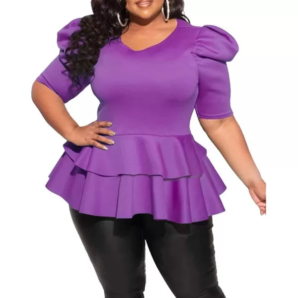 Women Plus Size Puff Sleeve Slant Shoulder High Low Asymmetrical Bodycon Bodice Blouse Shirt Tops071 Purple