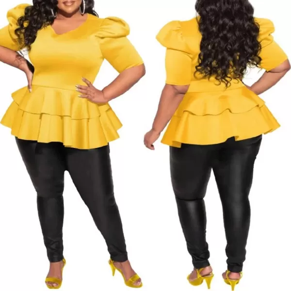 Women Plus Size Puff Sleeve Slant Shoulder High Low Asymmetrical Bodycon Bodice Blouse Shirt Tops071 Yellow