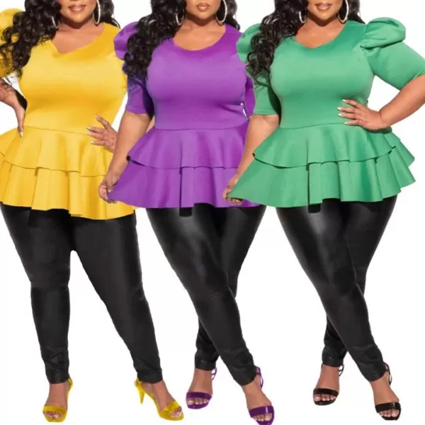 Women Plus Size Puff Sleeve Slant Shoulder High Low Asymmetrical Bodycon Bodice Blouse Shirt Tops071 Yellow