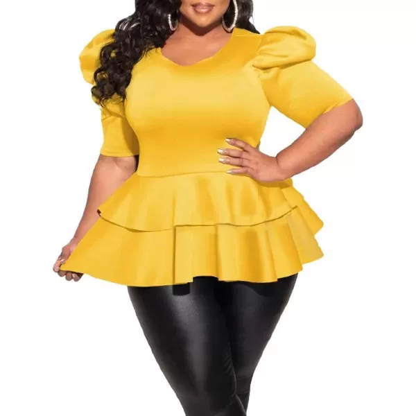Women Plus Size Puff Sleeve Slant Shoulder High Low Asymmetrical Bodycon Bodice Blouse Shirt Tops071 Yellow