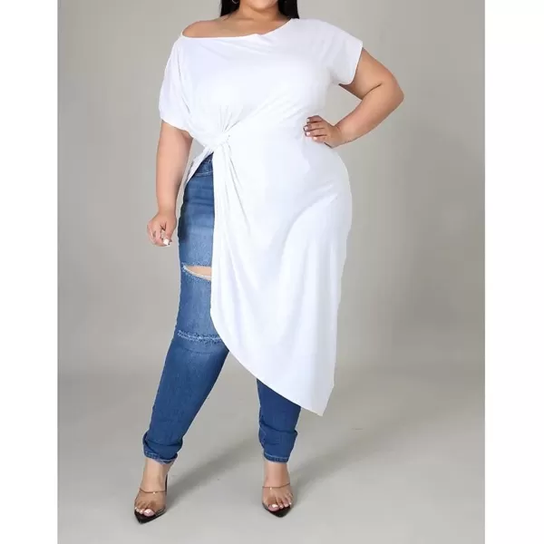 Women Plus Size Puff Sleeve Slant Shoulder High Low Asymmetrical Bodycon Bodice Blouse Shirt Tops166 White