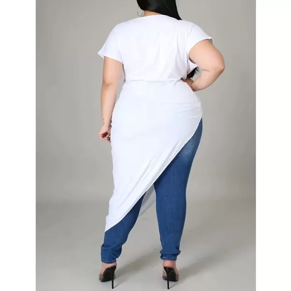 Women Plus Size Puff Sleeve Slant Shoulder High Low Asymmetrical Bodycon Bodice Blouse Shirt Tops166 White