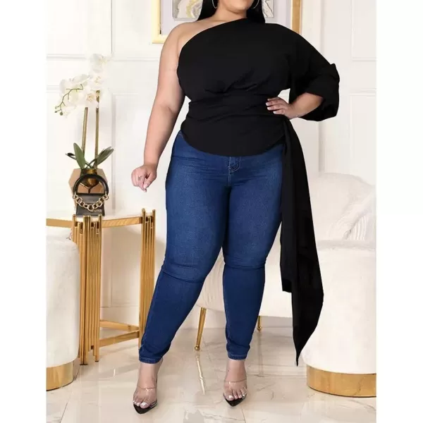 Women Plus Size Puff Sleeve Slant Shoulder High Low Asymmetrical Bodycon Bodice Blouse Shirt TopsBlack