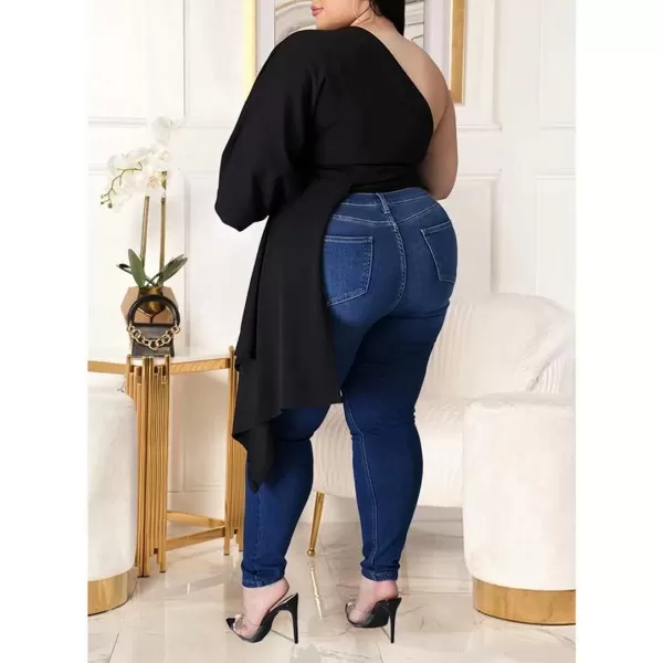 Women Plus Size Puff Sleeve Slant Shoulder High Low Asymmetrical Bodycon Bodice Blouse Shirt TopsBlack