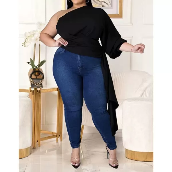 Women Plus Size Puff Sleeve Slant Shoulder High Low Asymmetrical Bodycon Bodice Blouse Shirt TopsBlack