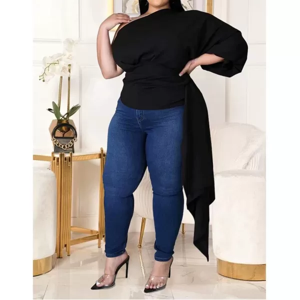 Women Plus Size Puff Sleeve Slant Shoulder High Low Asymmetrical Bodycon Bodice Blouse Shirt TopsBlack