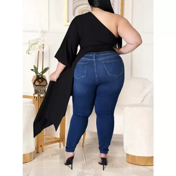 Women Plus Size Puff Sleeve Slant Shoulder High Low Asymmetrical Bodycon Bodice Blouse Shirt TopsBlack
