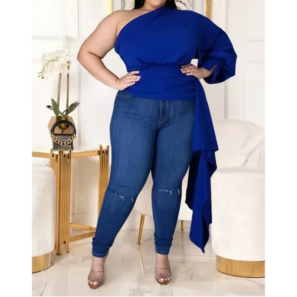 Women Plus Size Puff Sleeve Slant Shoulder High Low Asymmetrical Bodycon Bodice Blouse Shirt TopsBlue